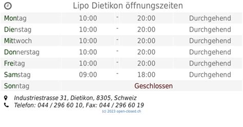 lipo öffnungszeiten dietikon|Öffnungszeiten von Lipo in Dietikon